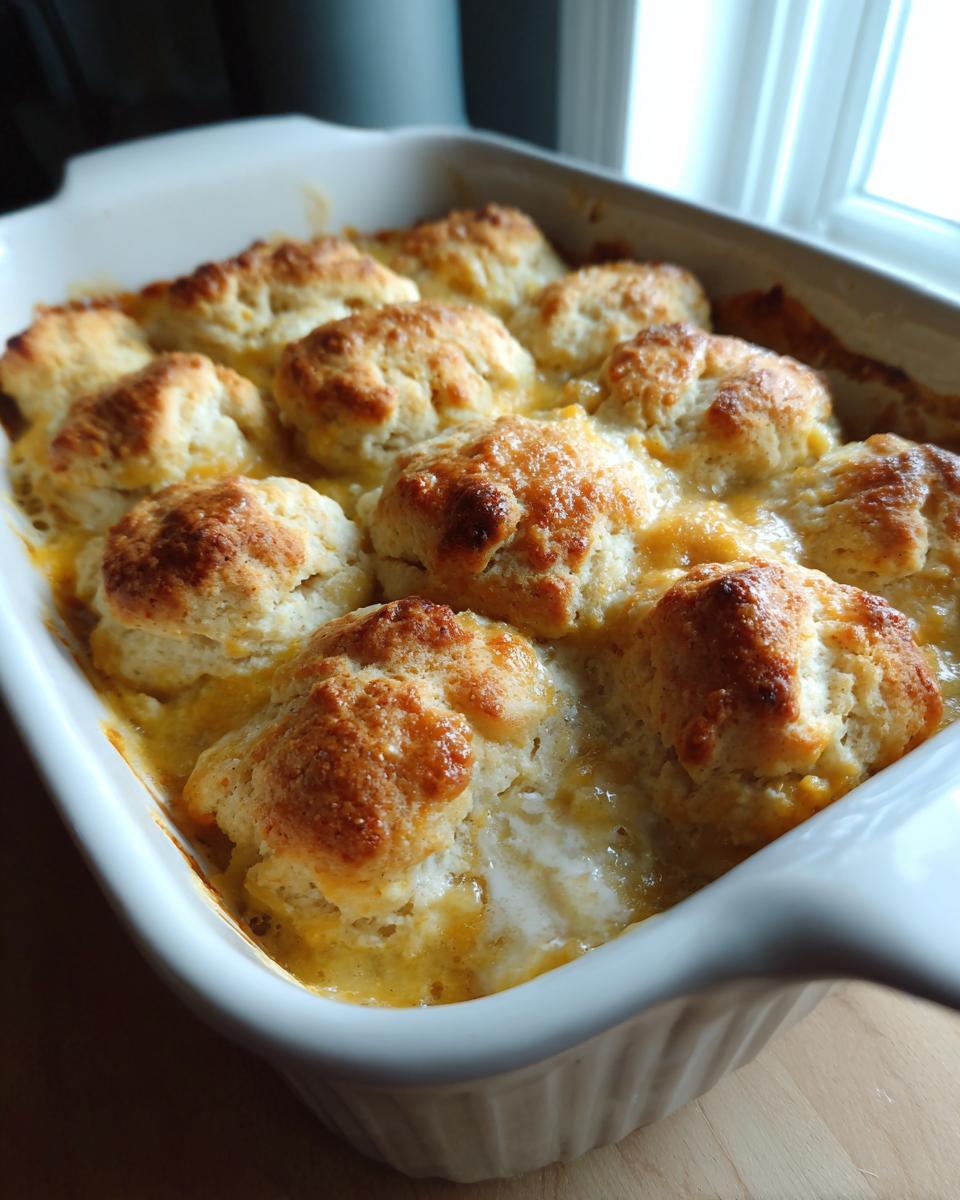 Close-up of a freshly baked pot pie casserole topped with golden, fluffy biscuits bubbling in a white dish.
