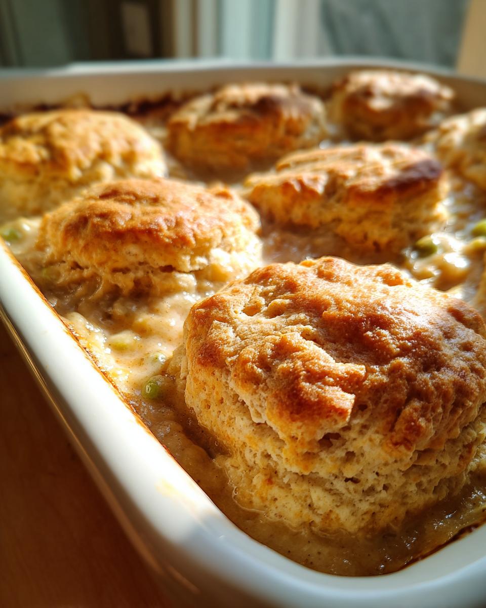 Close-up of a freshly baked pot pie casserole topped with golden brown biscuits nestled in creamy filling.