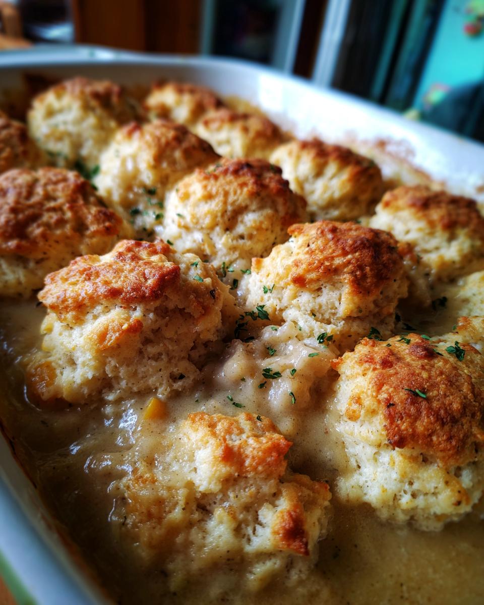 Close-up of a baked pot pie casserole topped with golden, fluffy biscuits submerged in creamy sauce.