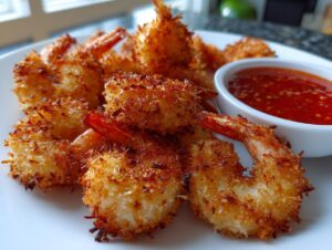 Close-up of crispy, golden brown coconut shrimp served on a white plate with a side of bright red chili dipping sauce.