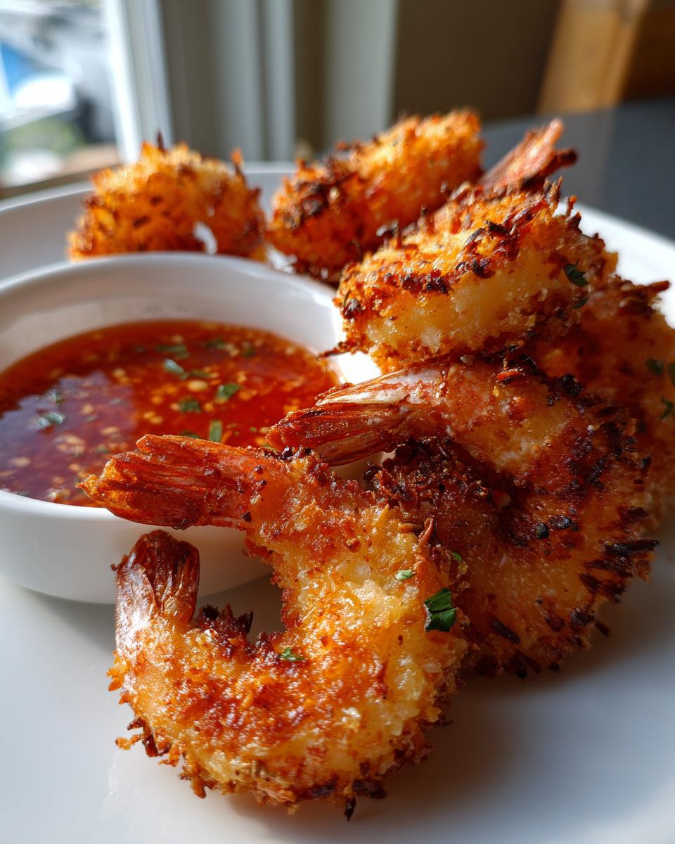 Close-up of crispy, golden brown coconut shrimp served with a side of sweet chili dipping sauce.
