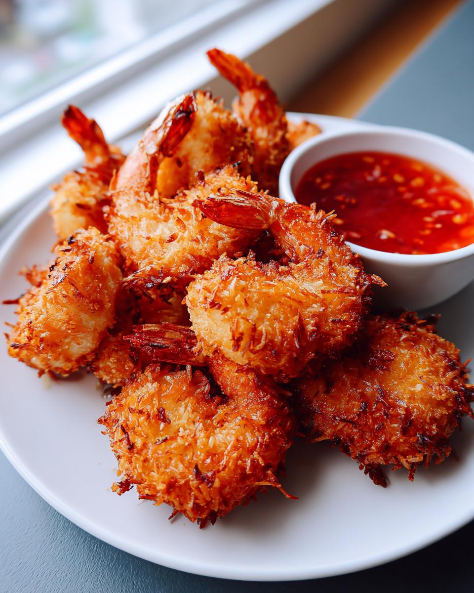 A pile of golden brown, crispy coconut shrimp served on a white plate next to a small bowl of sweet chili dipping sauce.