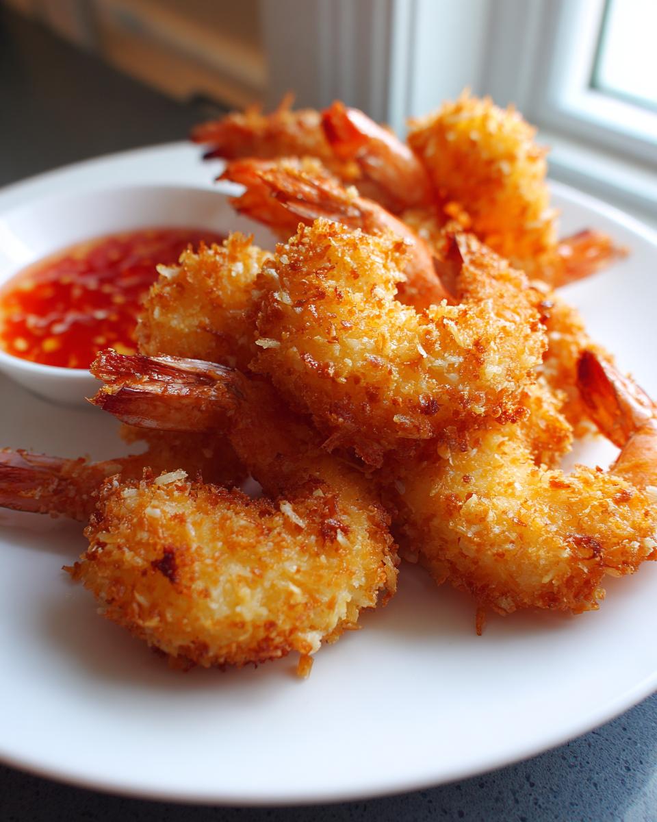 A pile of perfectly fried, golden brown coconut shrimp served on a white plate next to sweet chili dipping sauce.