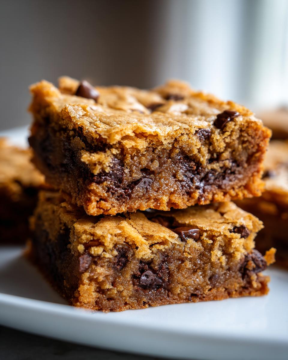 Two stacked, thick cake mix cookie bars showing a gooey, chocolate chip-filled center.