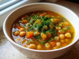 Close-up of a white bowl filled with vibrant greek chickpea soup, featuring chickpeas, carrots, and fresh dill.
