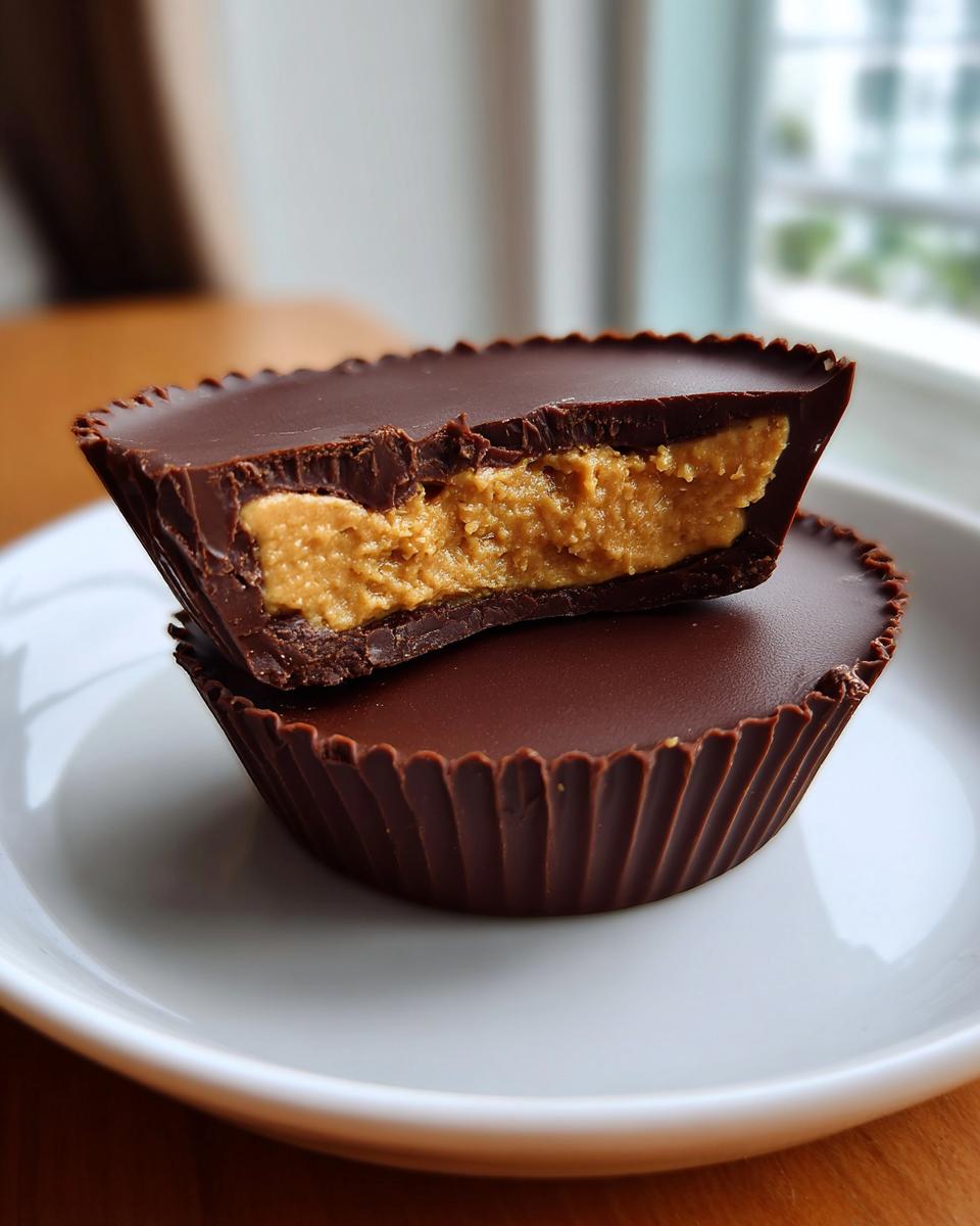 Close-up of homemade peanut butter cups, one cut in half showing the creamy peanut butter filling inside the chocolate shell.