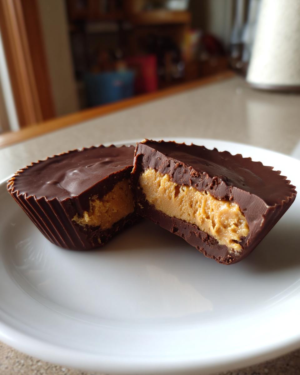 Two halves of a homemade peanut butter cups showing the thick, creamy peanut butter filling inside the chocolate shell.