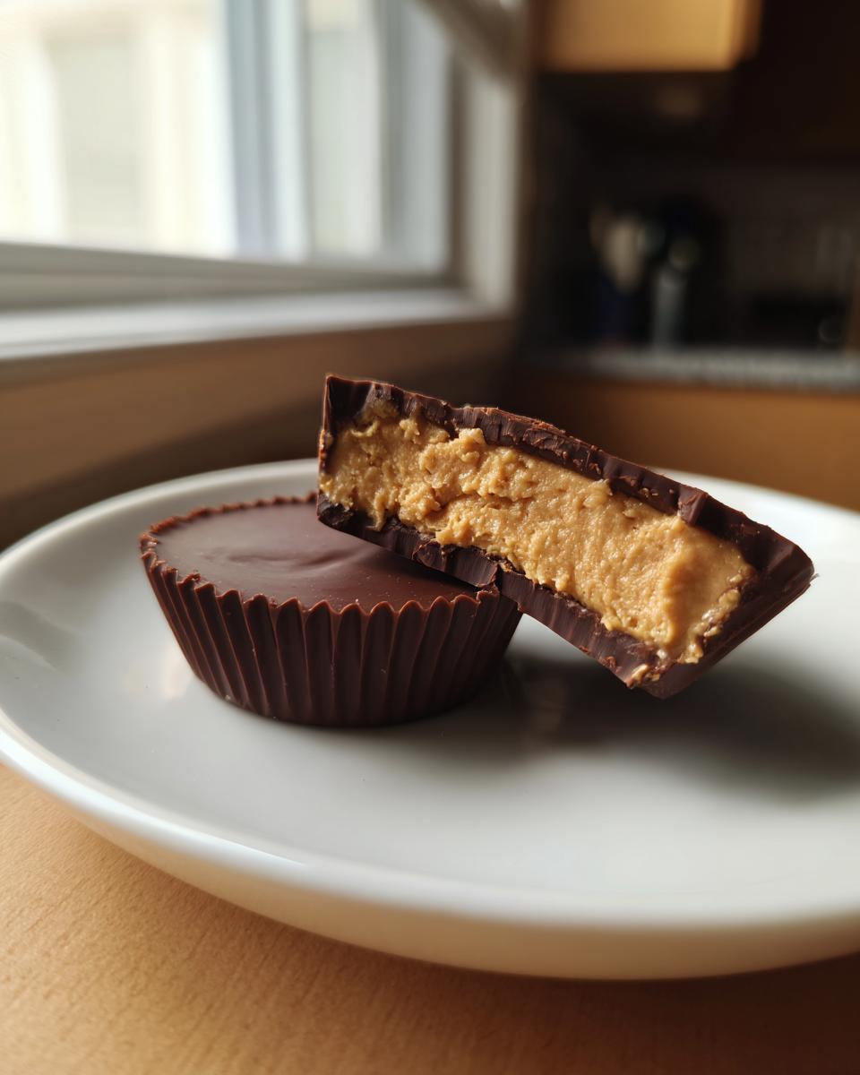 Close-up of homemade peanut butter cups, one whole and one cut in half showing the creamy filling.