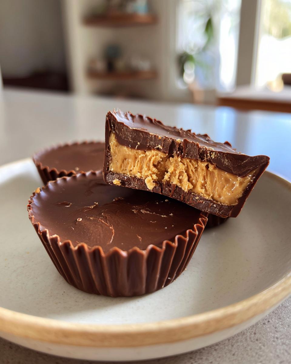 A close-up of homemade peanut butter cups, with one cut in half showing the creamy peanut butter filling inside the chocolate shell.