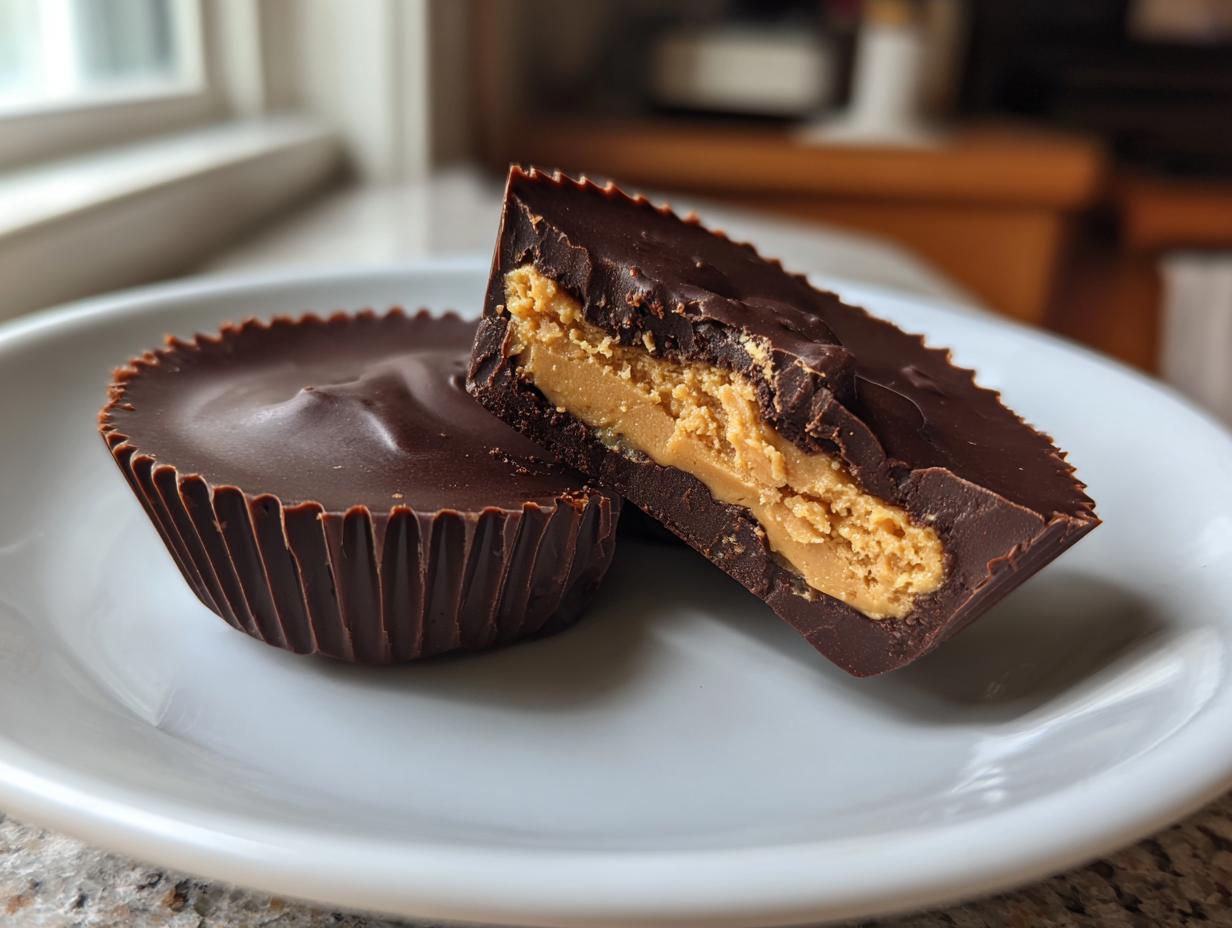 Two homemade peanut butter cups on a white plate, one cut in half showing the thick peanut butter filling.