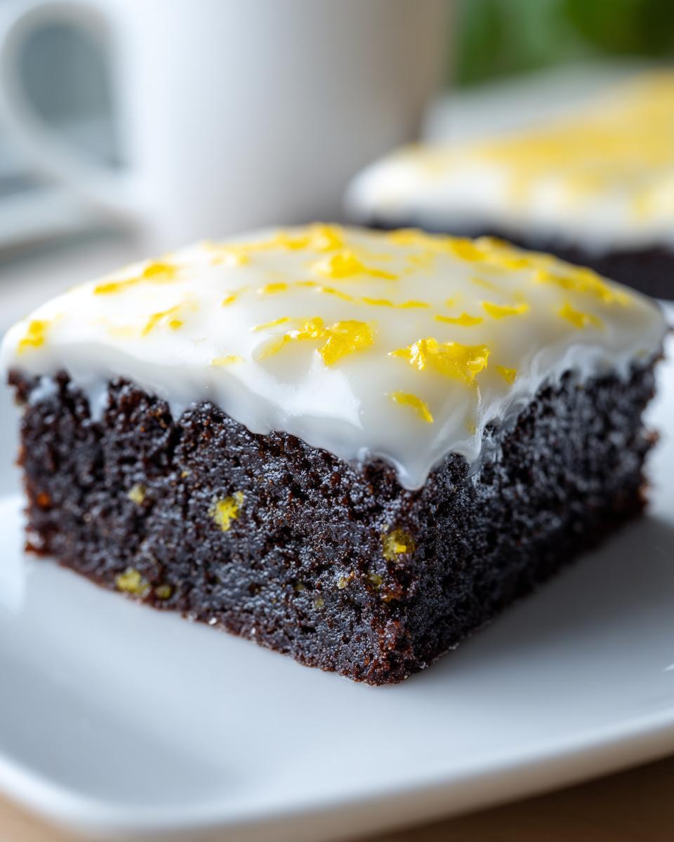 A close-up of a dark chocolate lemon brownies square topped with white glaze and bright yellow lemon zest.
