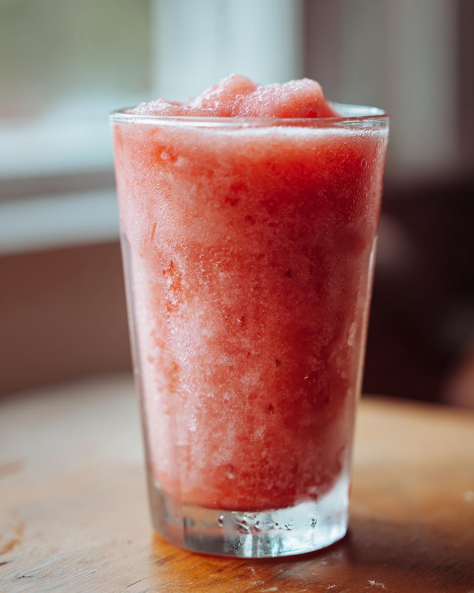 A tall glass filled with a bright red, icy strawberry daiquiri slush resting on a wooden table.