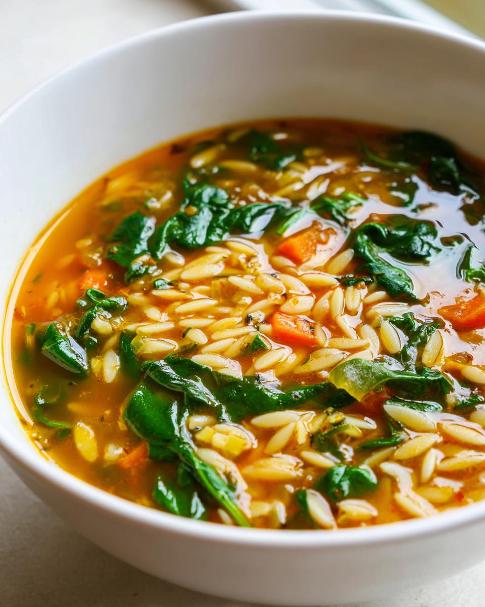 Close-up of a white bowl filled with steaming Italian orzo spinach soup, showing orzo pasta, bright green spinach, and diced carrots in a savory broth.