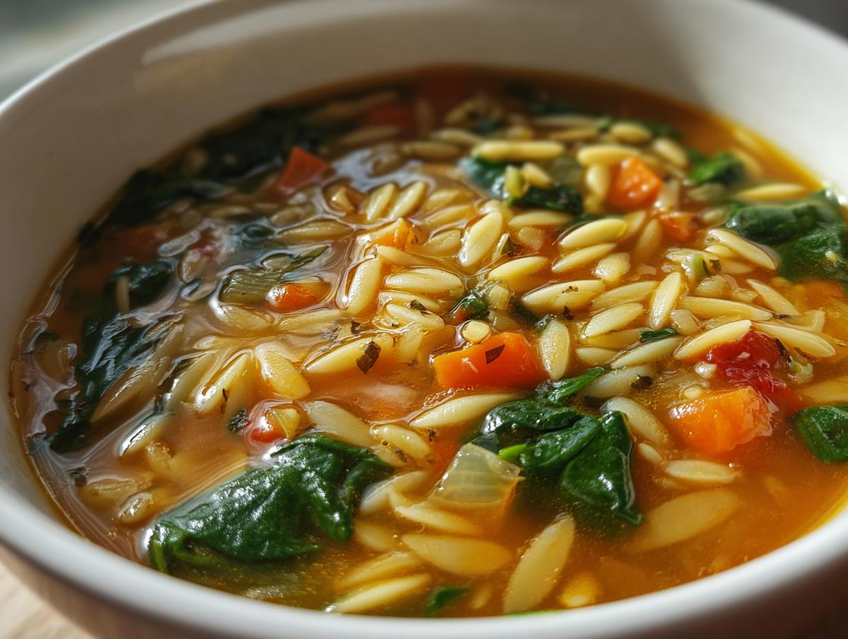 A close-up view of a steaming bowl of italian orzo spinach soup, featuring orzo pasta, dark green spinach, and diced carrots.