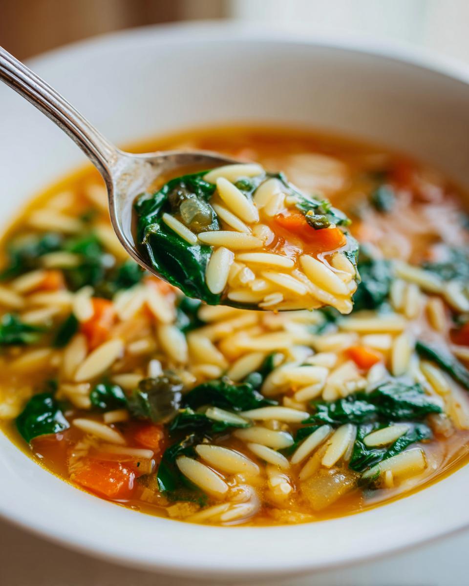 Close-up of a spoonful of Italian orzo spinach soup showing orzo pasta, bright green spinach, and carrots in broth.