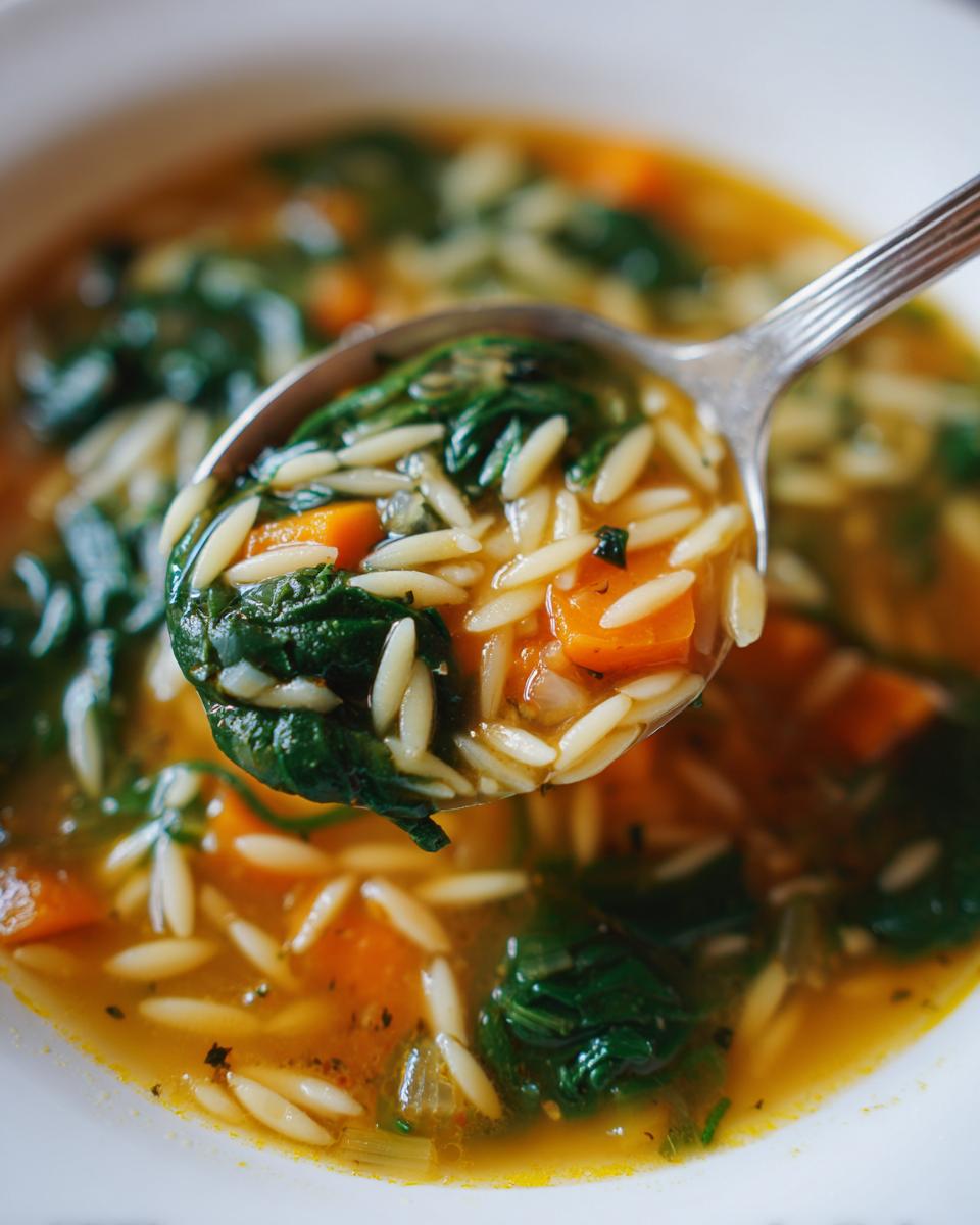 Close-up of a spoonful lifting Italian orzo spinach soup, showing orzo pasta, dark green spinach, and diced carrots in broth.