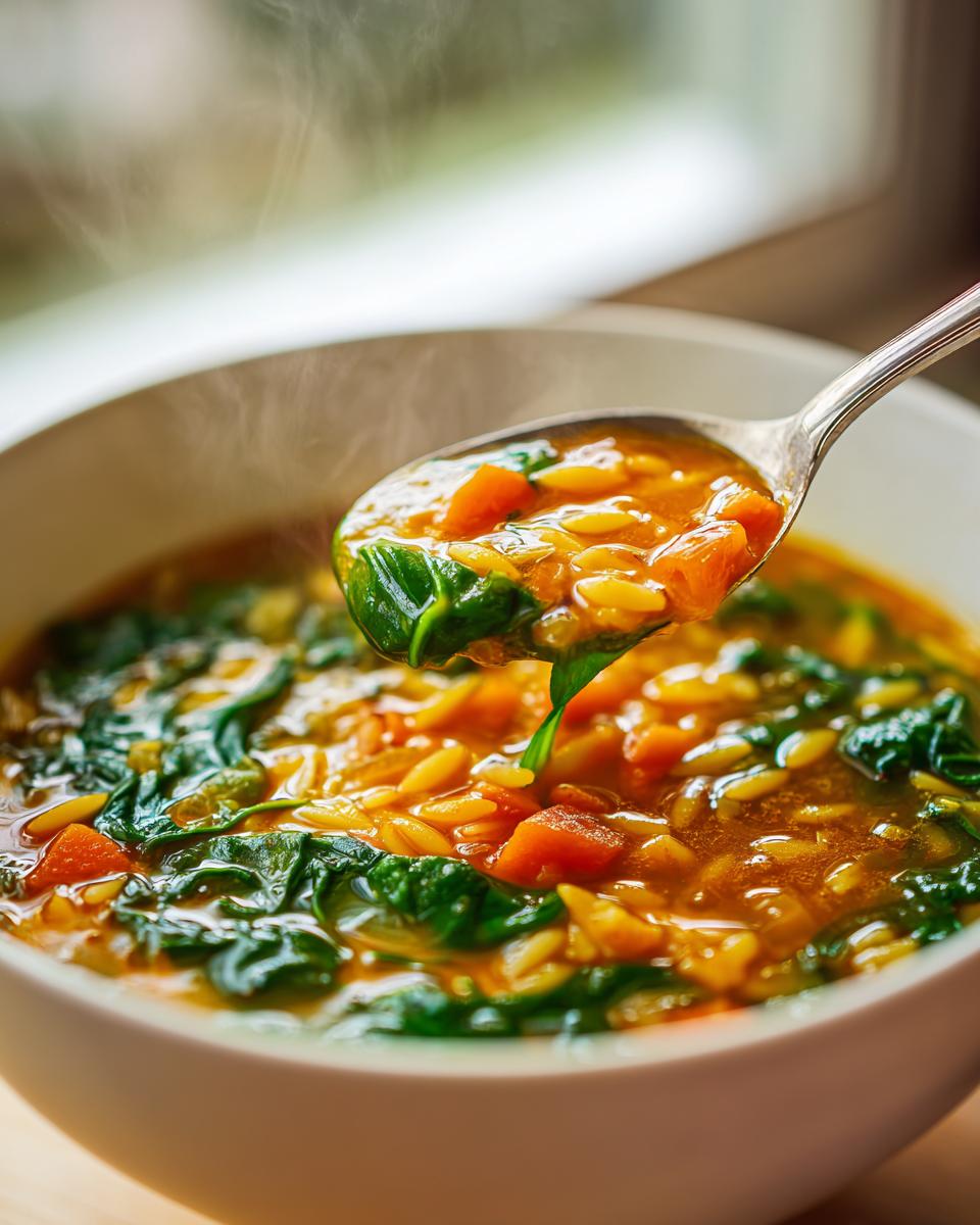 A spoonful of hot italian orzo spinach soup, rich with orzo pasta, spinach, and carrots, being lifted from a white bowl.