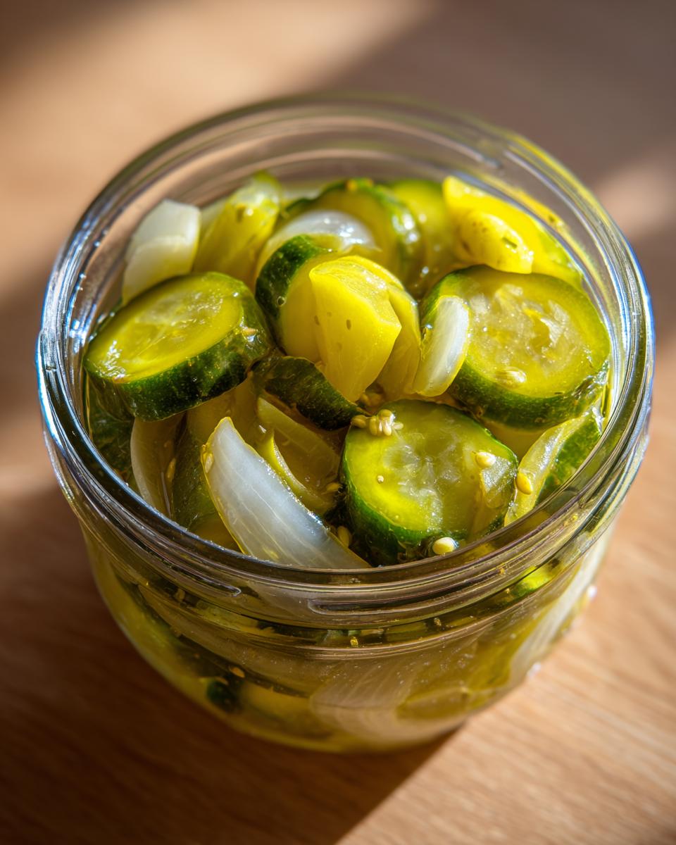 Close-up of sliced cucumbers and onions preserved in a jar for bread and butter pickle.