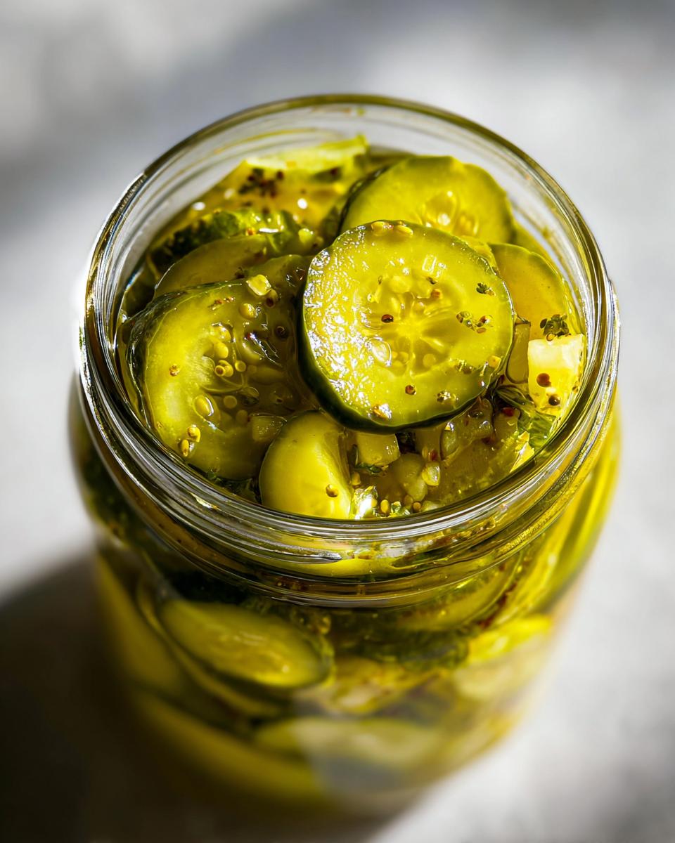 Top-down view of a glass jar filled with bright yellow-green bread and butter pickle slices and spices.