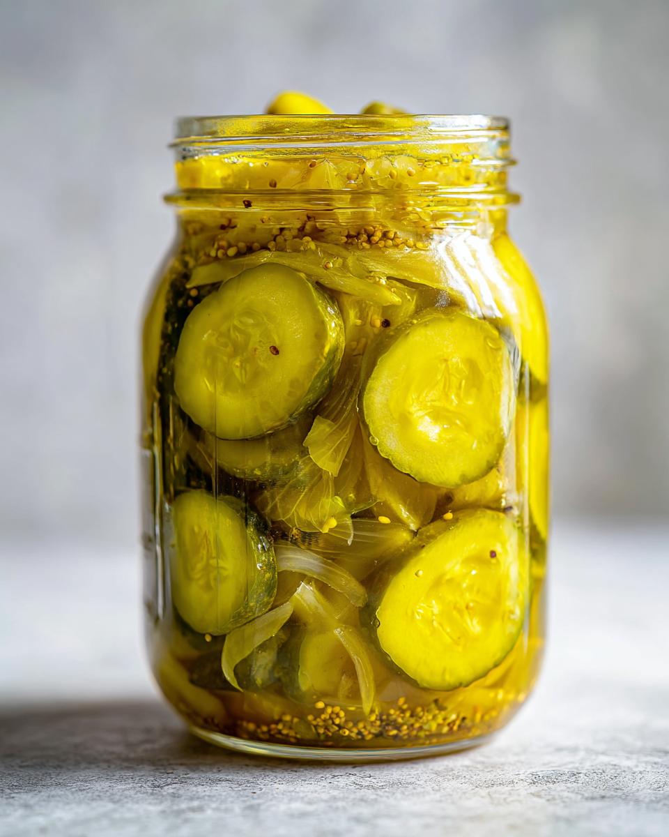A glass jar filled with bright yellow bread and butter pickle slices and onions, suspended in brine with mustard seeds.