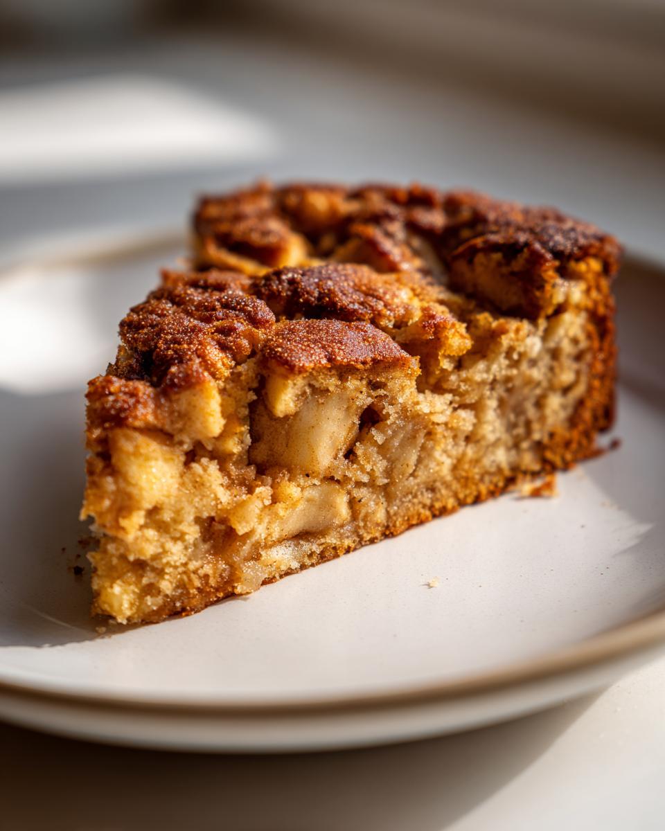 Close-up of a moist slice of jewish apple cake featuring visible apple chunks and a sugary cinnamon crust.