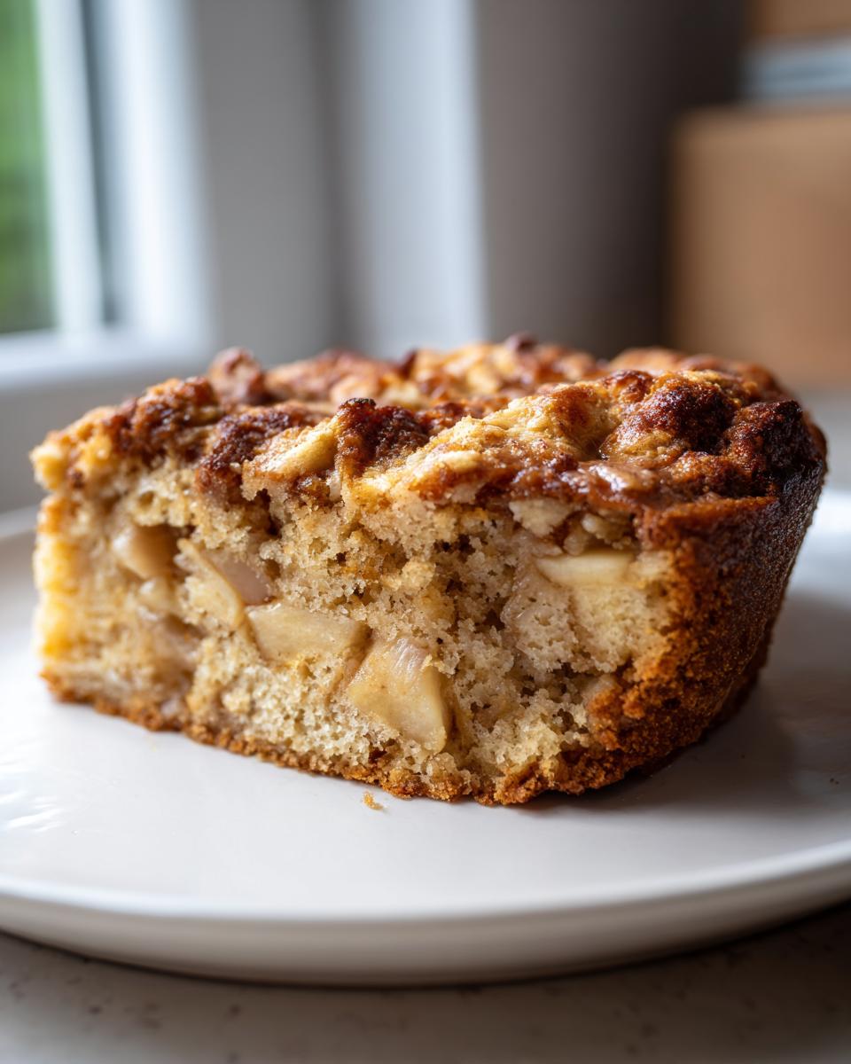 Close-up of a moist slice of jewish apple cake showing chunks of apple and a caramelized crumb topping.