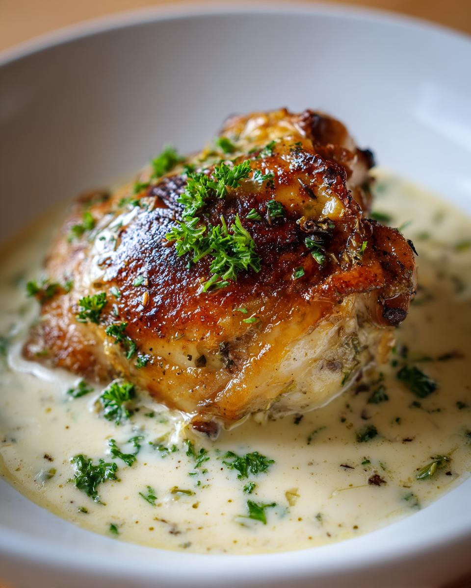 Close-up of perfectly seared, juicy chicken thighs resting in a creamy herb sauce and garnished with parsley.