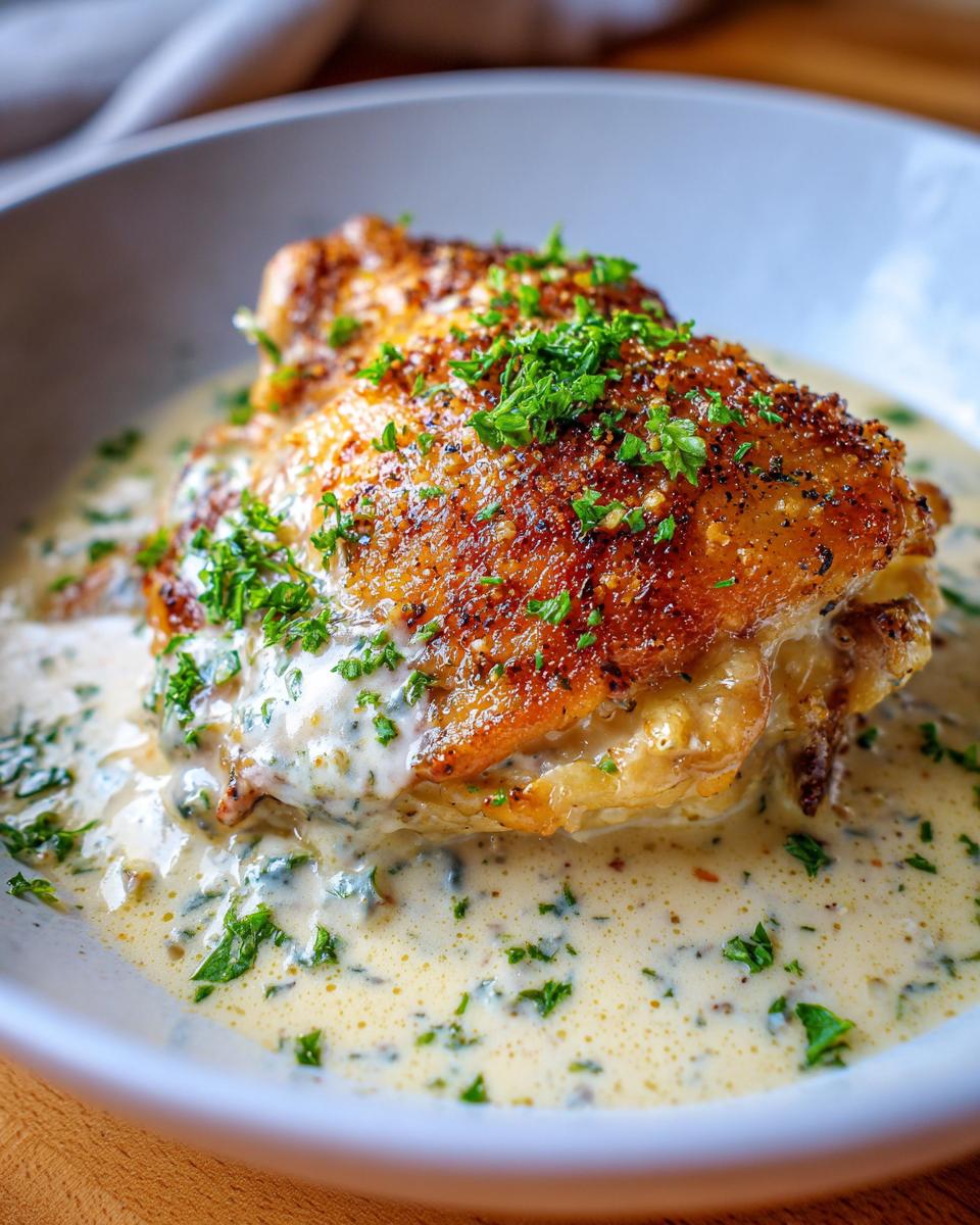 Close-up of a perfectly cooked, crispy-skinned chicken thighs served in a creamy herb sauce.