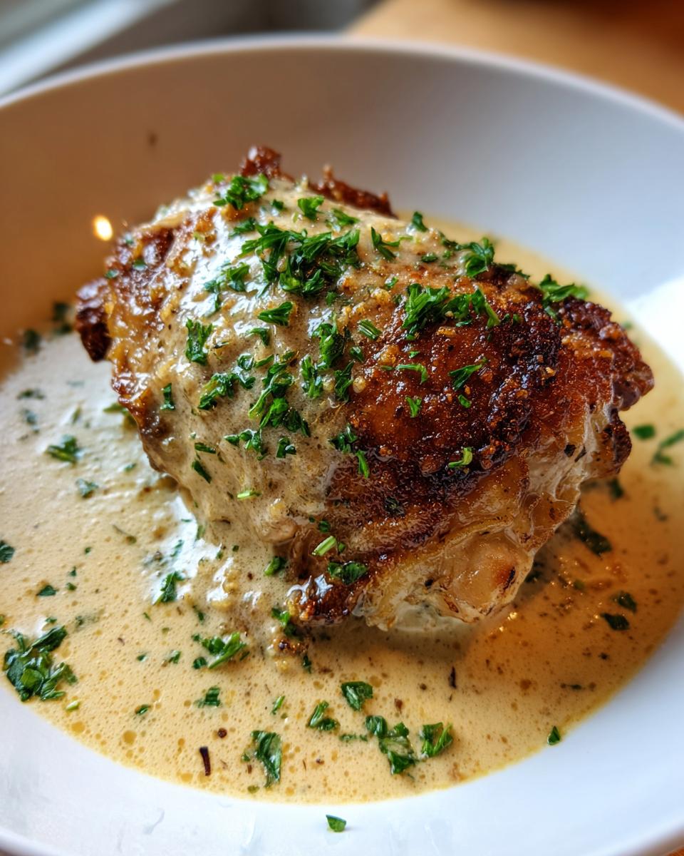 Close-up of a perfectly cooked, crispy-skinned chicken thighs smothered in a creamy sauce and topped with fresh parsley.