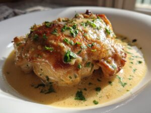 Close-up of a perfectly cooked, juicy chicken thigh topped with creamy sauce and fresh parsley.