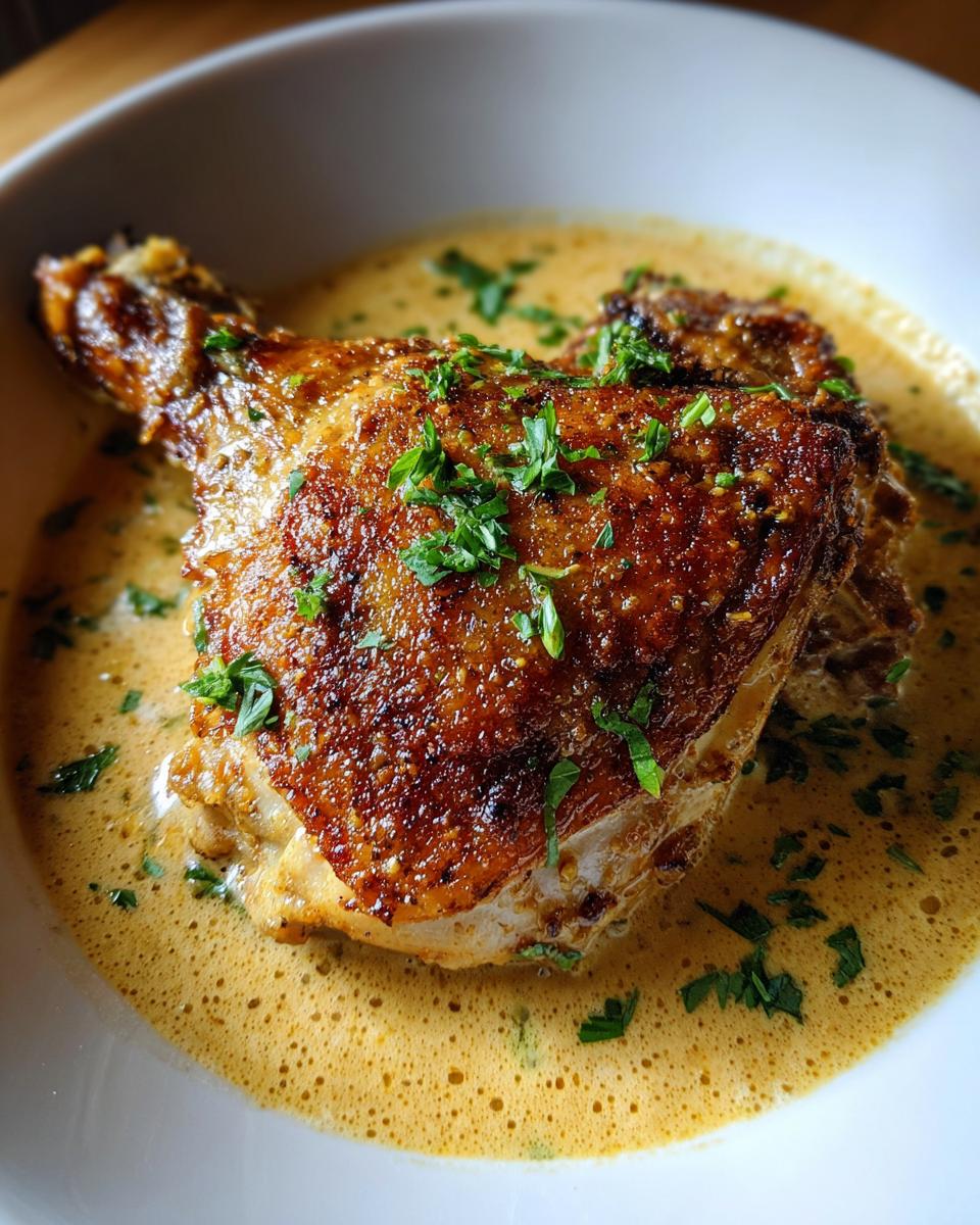 Close-up of perfectly cooked chicken thighs with crispy, browned skin served in a creamy, light brown sauce and garnished with parsley.