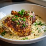 Two perfectly cooked, seasoned chicken thighs resting in a creamy sauce, garnished with fresh parsley.