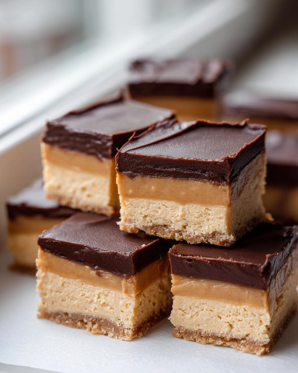 Close-up of stacked squares of buckeye fudge showing peanut butter, caramel, and chocolate layers.