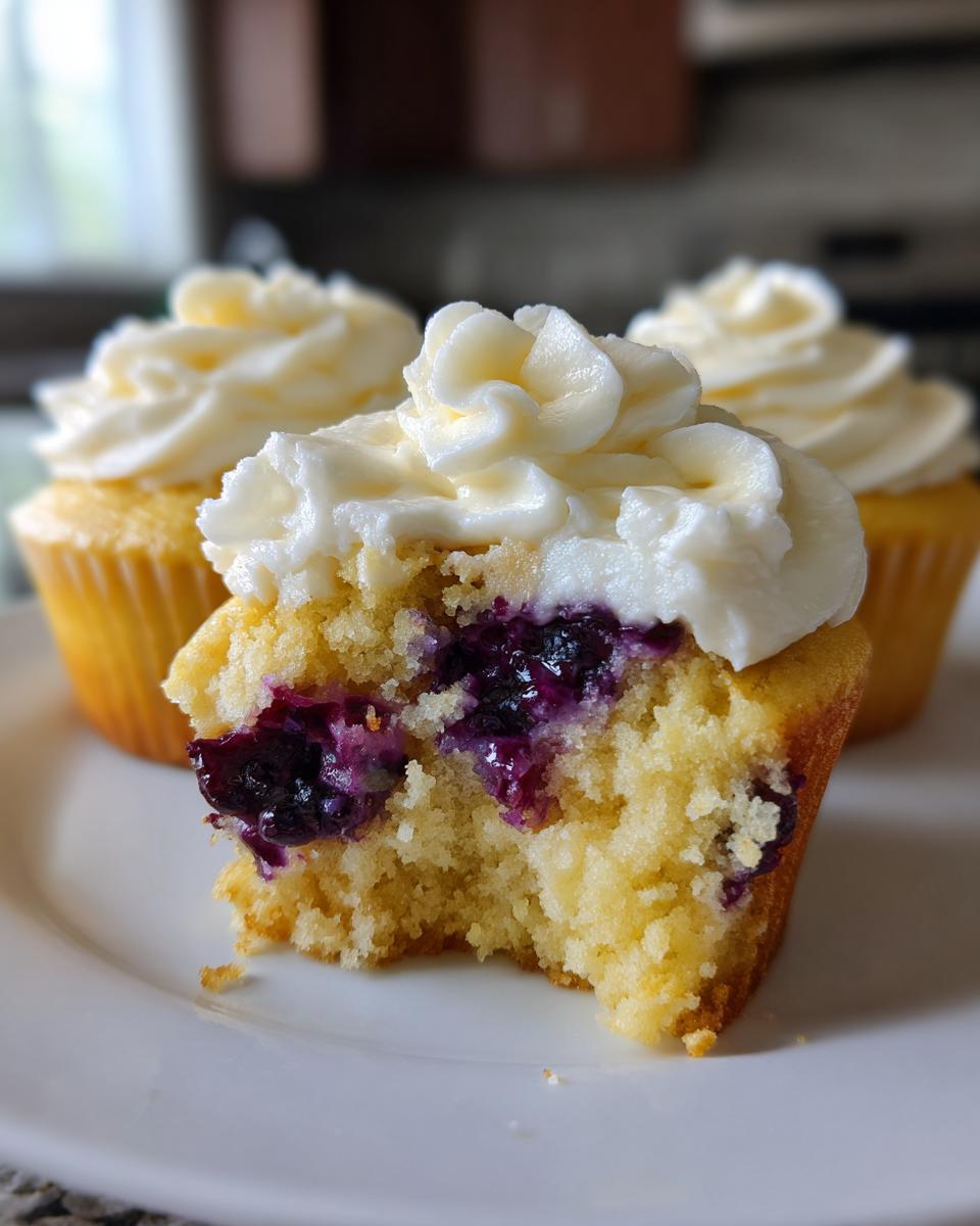 Close-up of a lemon blueberry cupcake cut in half showing moist cake and bursting blueberries, topped with white frosting.