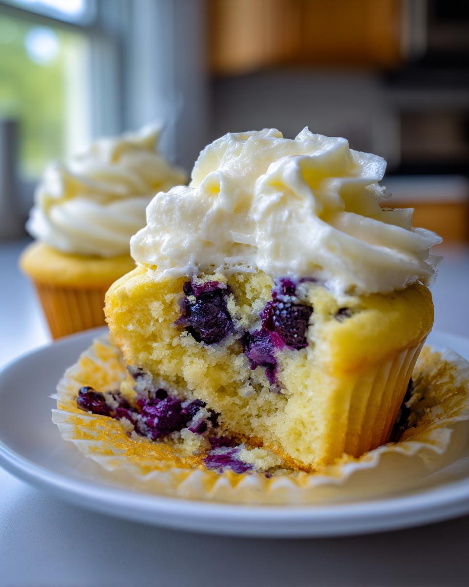 Close-up of a lemon blueberry cupcakes cut in half showing moist cake and blueberries, topped with white frosting.