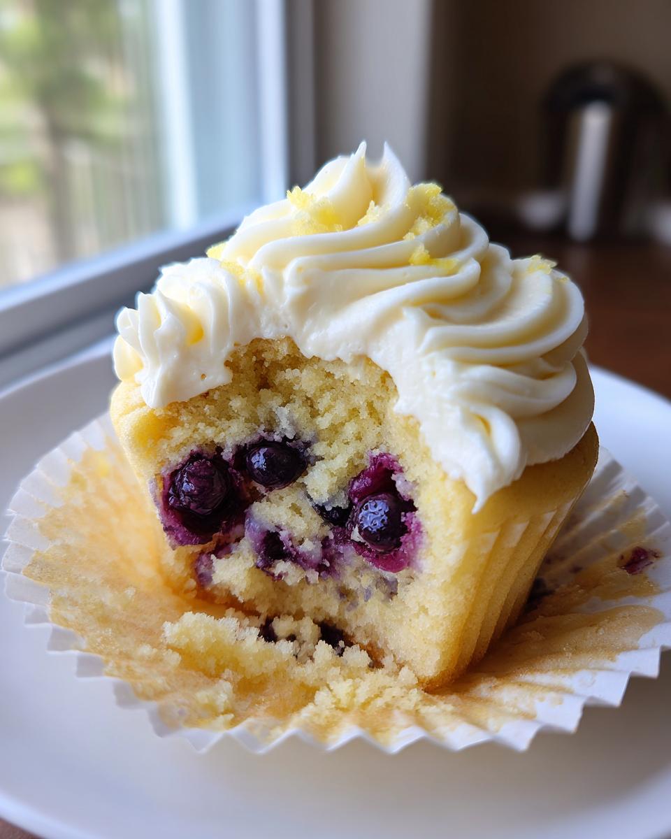 Close-up of a lemon blueberry cupcake with a bite taken out, showing moist cake, blueberries, and cream cheese frosting.