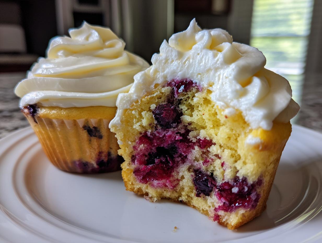 Close-up of a lemon blueberry cupcake cut in half showing moist cake and burst blueberries, topped with white frosting.