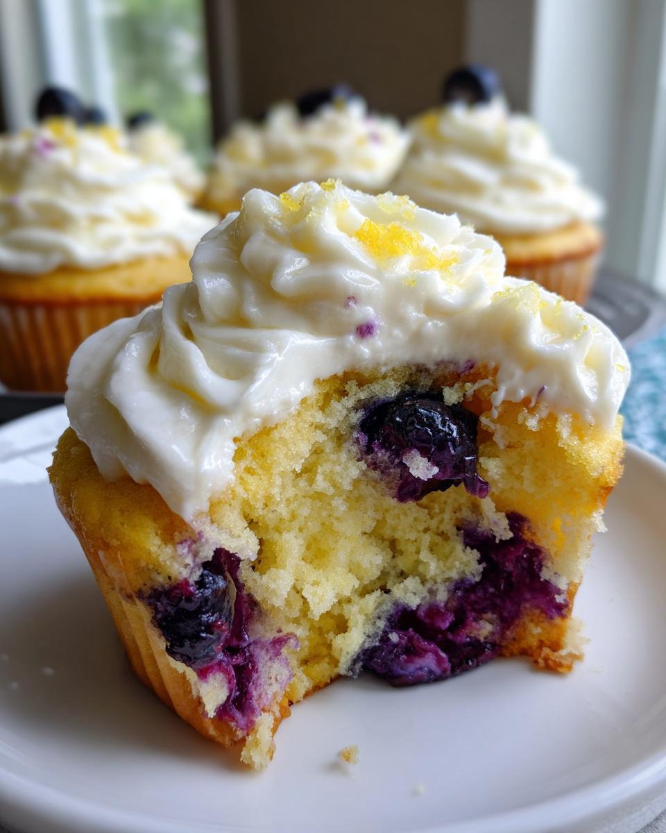 Close-up of a lemon blueberry cupcake cut in half showing moist cake, bursting blueberries, and white frosting topped with zest.