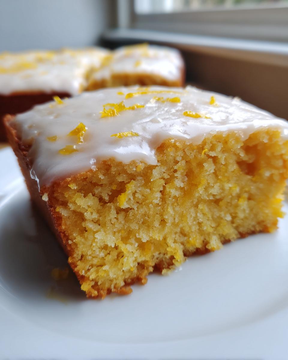 A close-up of a square slice of moist lemon brownies topped with white glaze and bright yellow lemon zest.