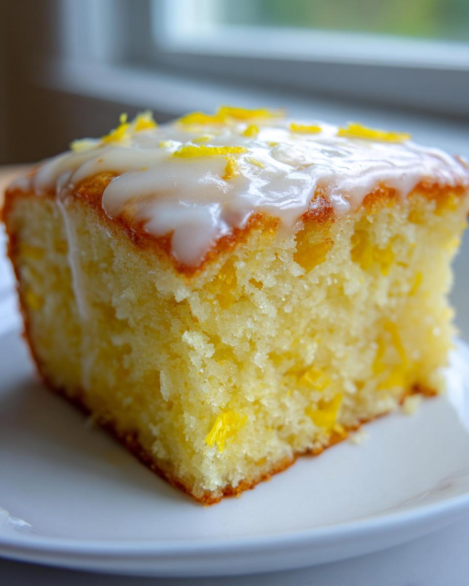 Close-up of a single square of moist lemon brownies topped with white glaze and zest.