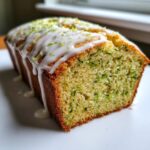 Close-up of a freshly baked lemon zucchini bread loaf topped with white glaze and green zest.