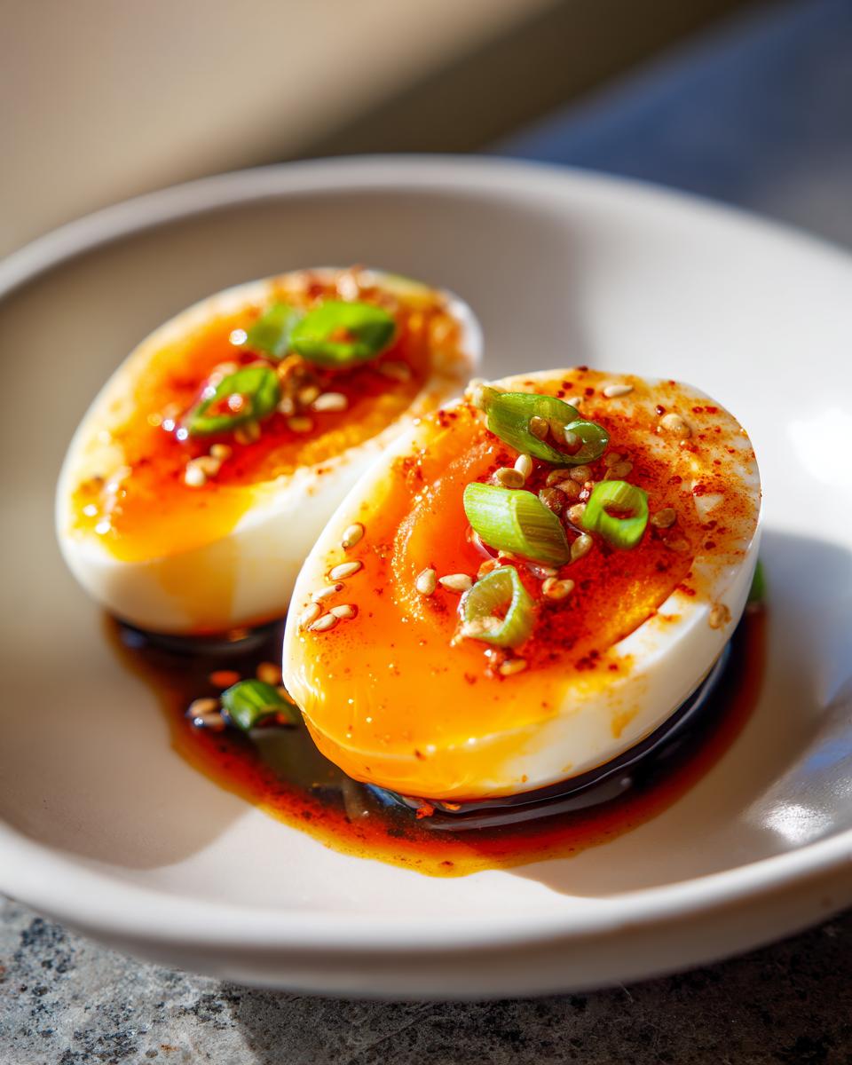 Two halves of soft-boiled marinated eggs soaking in dark sauce, topped with chili flakes, sesame seeds, and green onions.