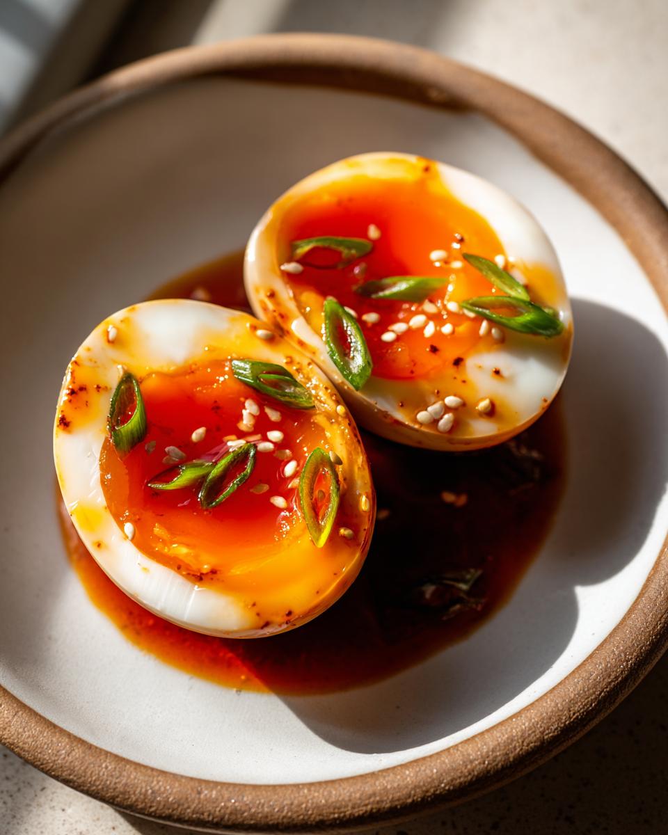 Two halves of soft-boiled marinated eggs with jammy orange yolks, garnished with sesame seeds and green onions.