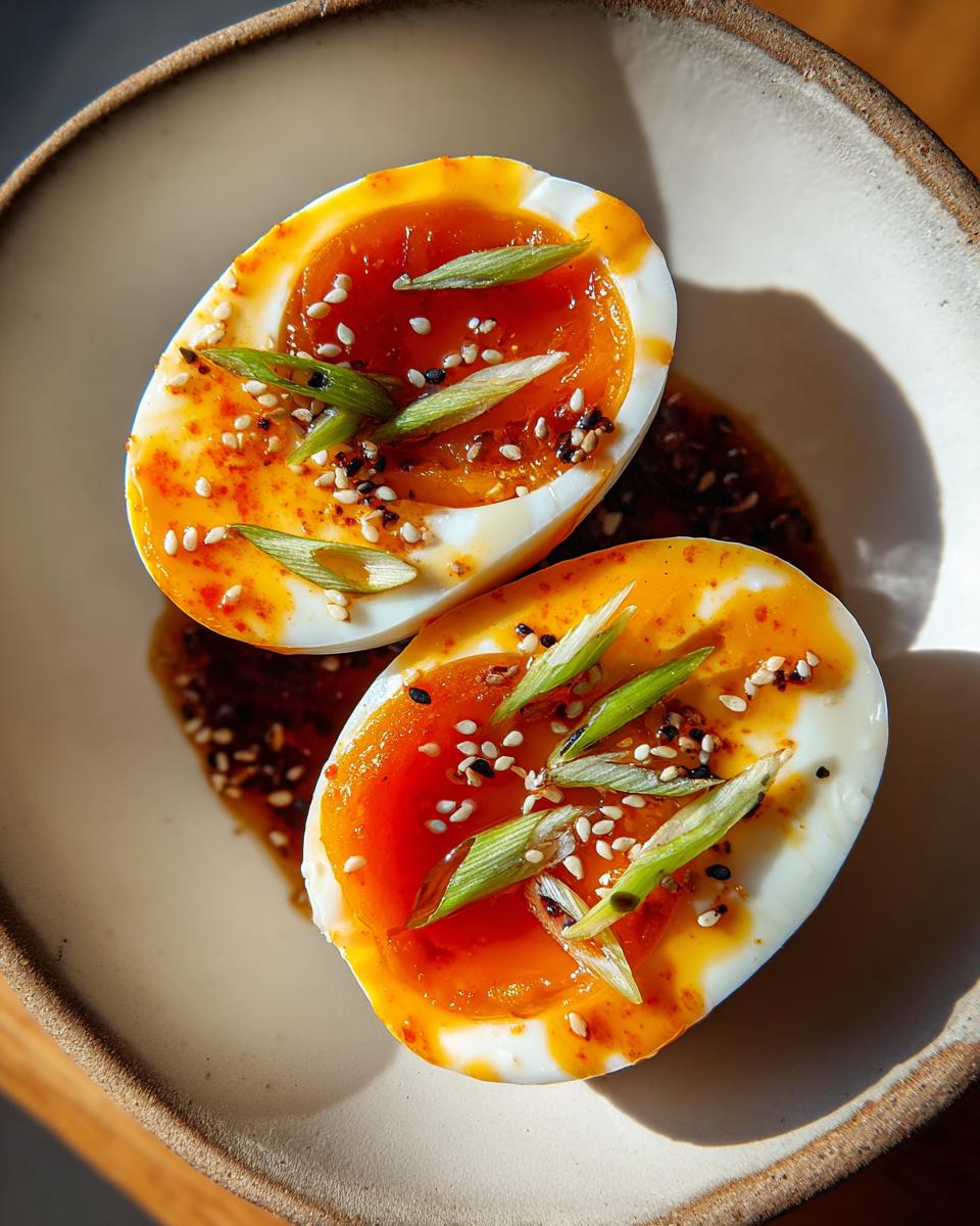 Two halves of soft-boiled marinated eggs topped with sesame seeds and sliced green onions.