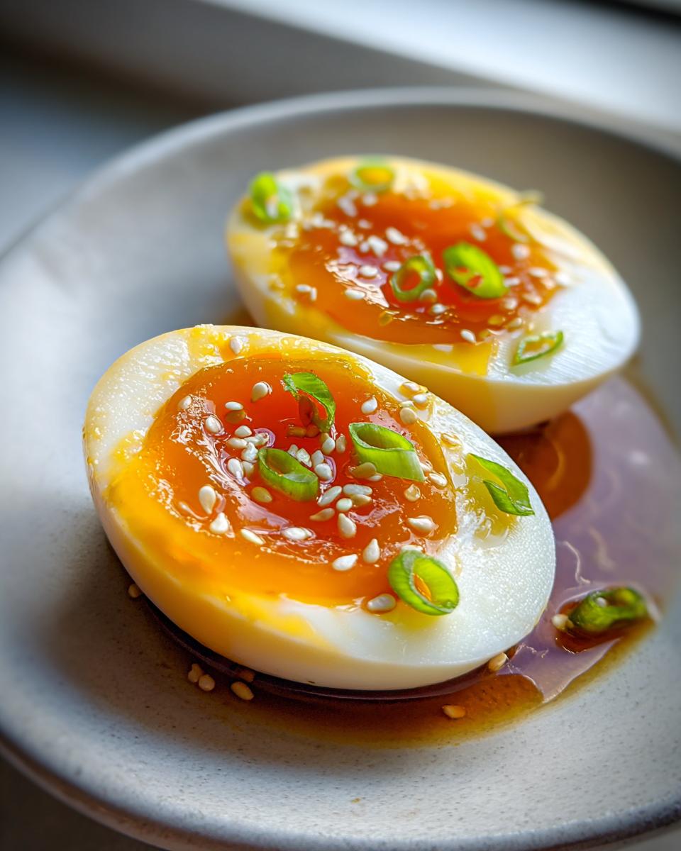 Two halves of soft-boiled marinated eggs with jammy yolks, garnished with sesame seeds and green onions.