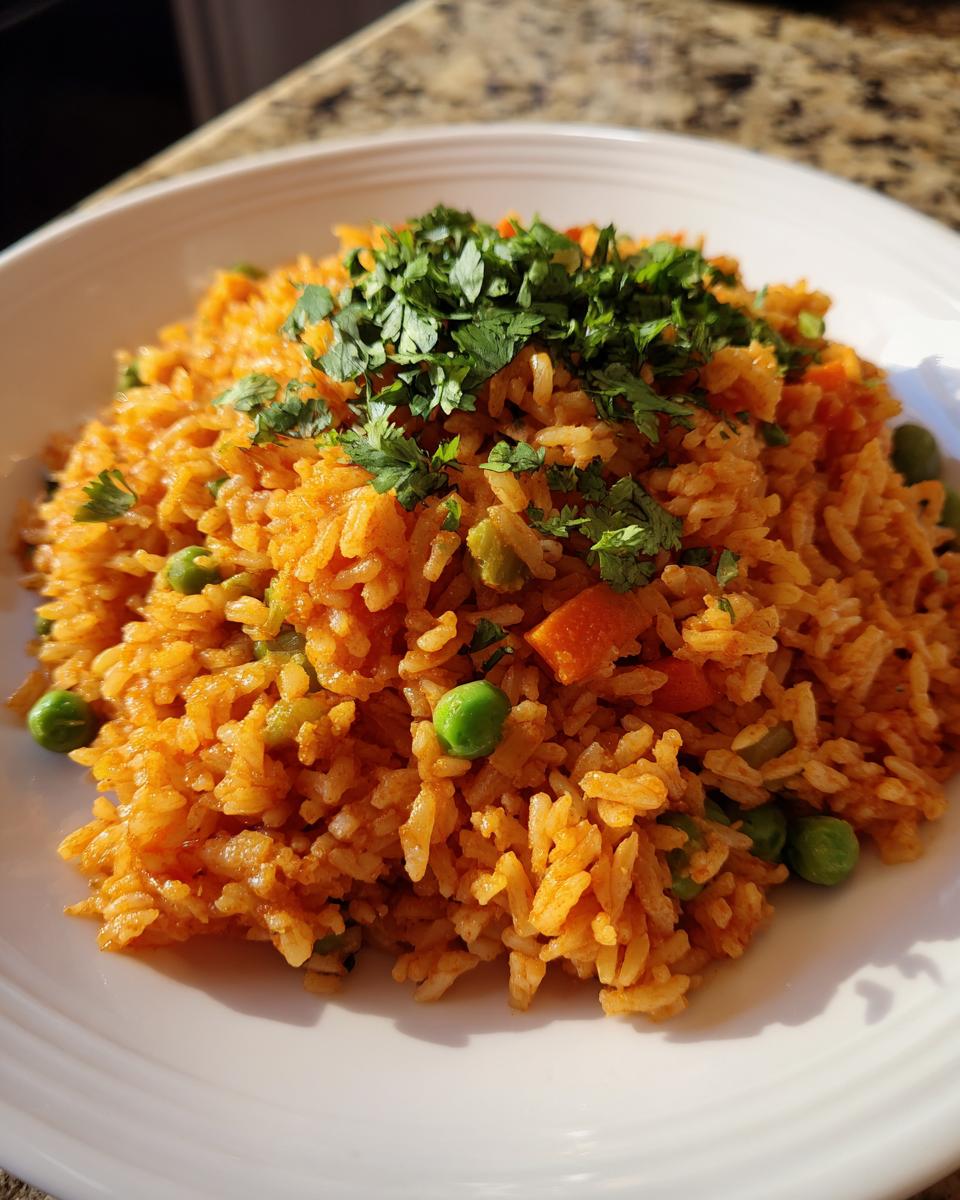 A close-up of a white plate piled high with vibrant orange Mexican rice, mixed with peas and carrots, topped with fresh cilantro.