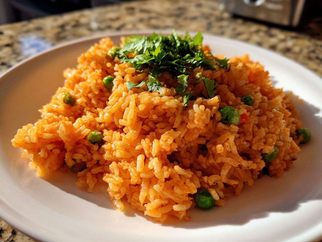 A mound of vibrant orange Mexican rice mixed with green peas, topped with fresh cilantro.