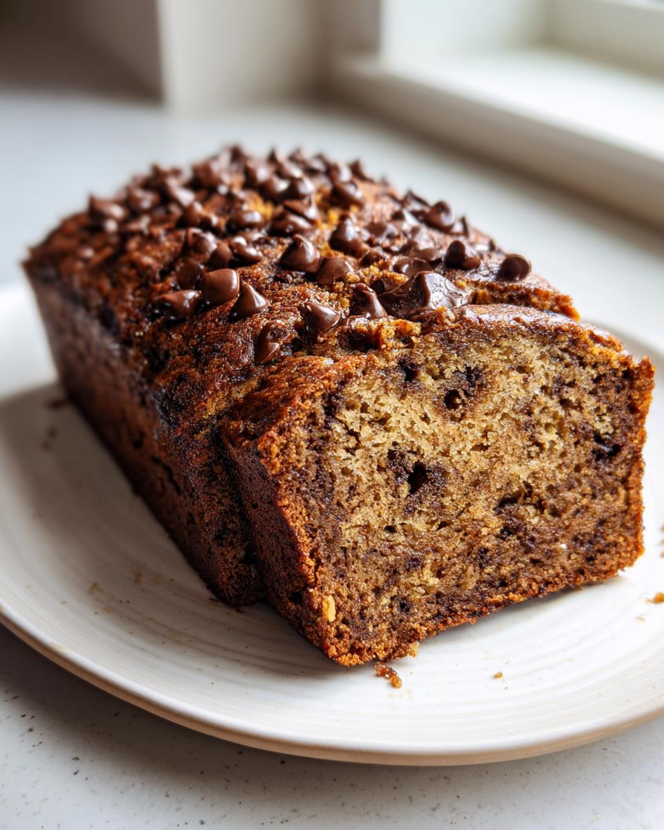 A close-up of a freshly baked, moist chocolate chip banana bread loaf with melted chocolate chips on top.