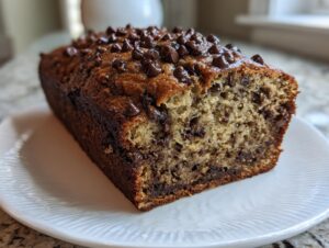 A moist loaf of chocolate chip banana bread, sliced to show the interior texture, topped with melted chocolate chips.
