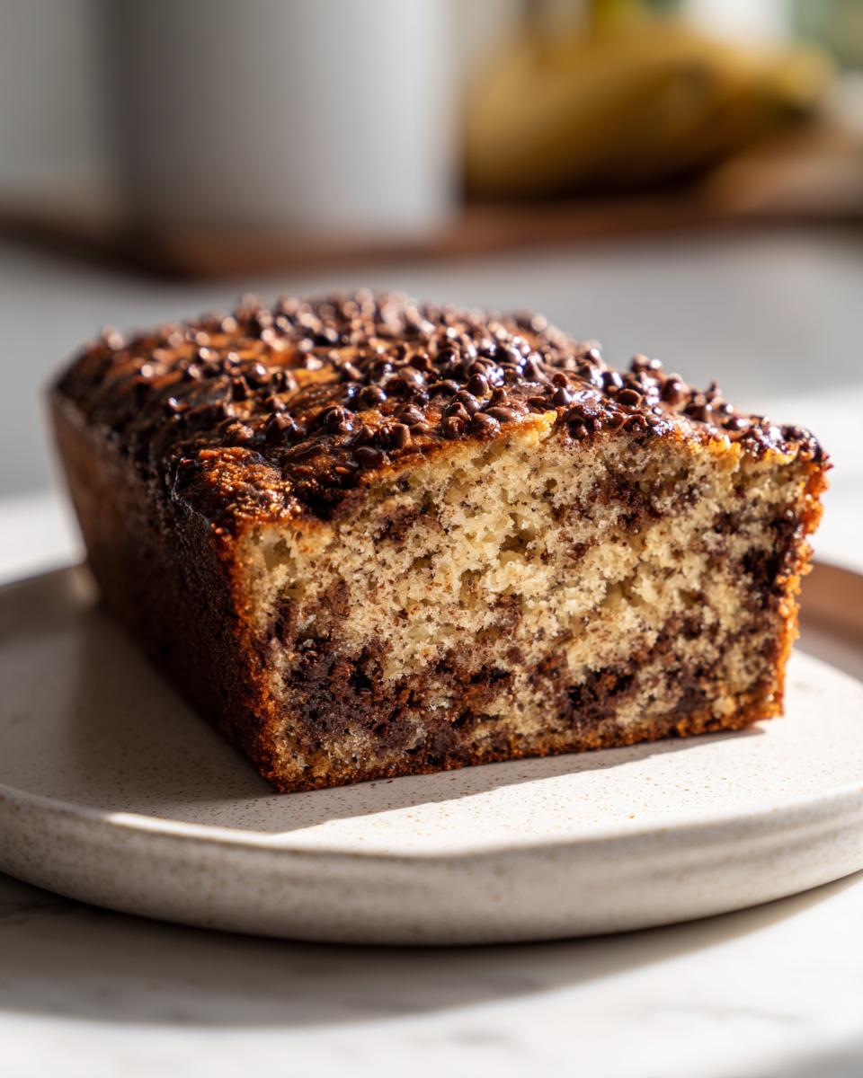 Close-up of a slice of super moist chocolate chip banana bread showing the marbled interior and chocolate chips on top.